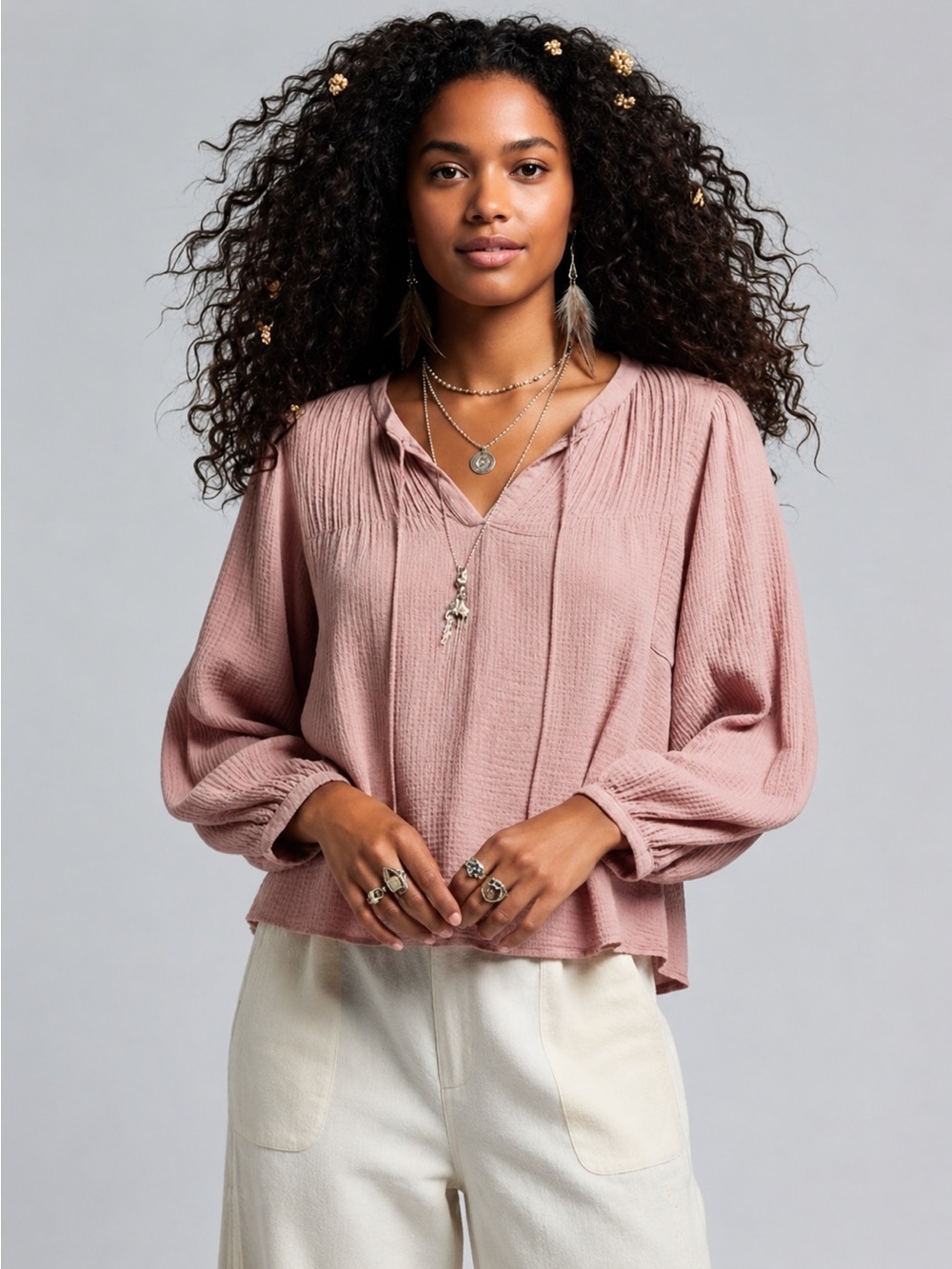 Magaschoni 100% Organic Cotton Boho Peasant Blouse Mauve Women Size L